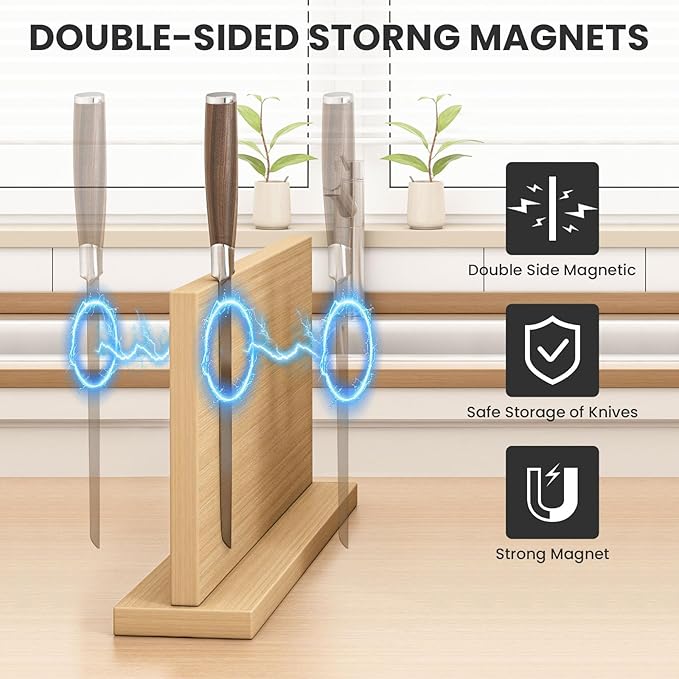 THMINS Magnetic Knife Block, 16 x 9 Inch Double-Sided Wooden Knife Holder for Kitchen Counter, Extra Large Magnetic Knife Stand and Storage Organizer
