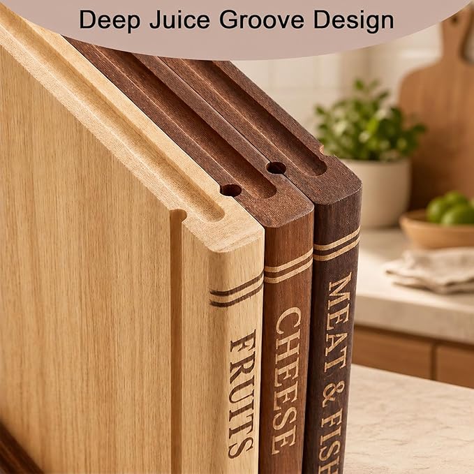 Book Cutting Board Set with Stand - Wooden Library Shaped Chopping Boards That Look Like Books, Labeled Meat, Fish, Cheese & Bread, Fruits & Vegetables, Decorative Kitchen Cutting Boards