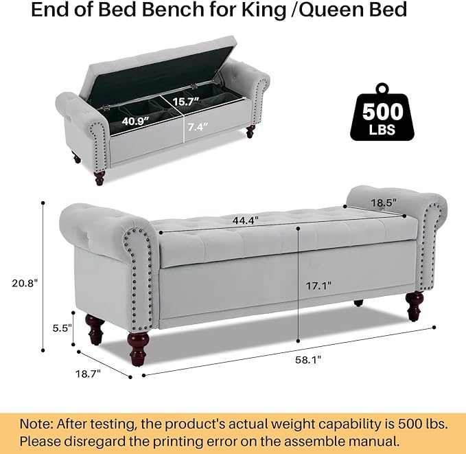SOFTHION 58.1" Storage Bench Upholstered Velvet End of Bedroom Bed Bench Ottoman with Tufted Cushioned Rolled Arm Large Storage Space for Reading Living Room Entryway, Light Grey