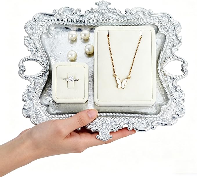 Funly mee 8 x 7 inches Antique Trinket Dish Vintage Jewelry Tray, Ring Holder (Sliver, M)