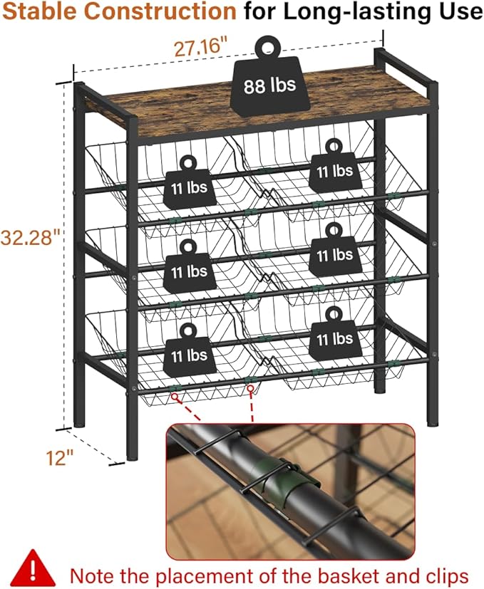 Kitchen Fruit and Vegetable Storage Rack, 4-Tier Fruit Basket Stand, Freestanding Snack Display Organizer Shelf, Small Kitchen Island with Wood Top for Pantry, Office, Living Room, Black