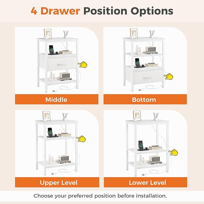 DUMOS Bedside Table with Charging Station and an Adjustable Fabric Drawer, and it is a Compact Nightstand, as Well as a 3-Tier Storage Organizer and an End Table for Bedroom, White