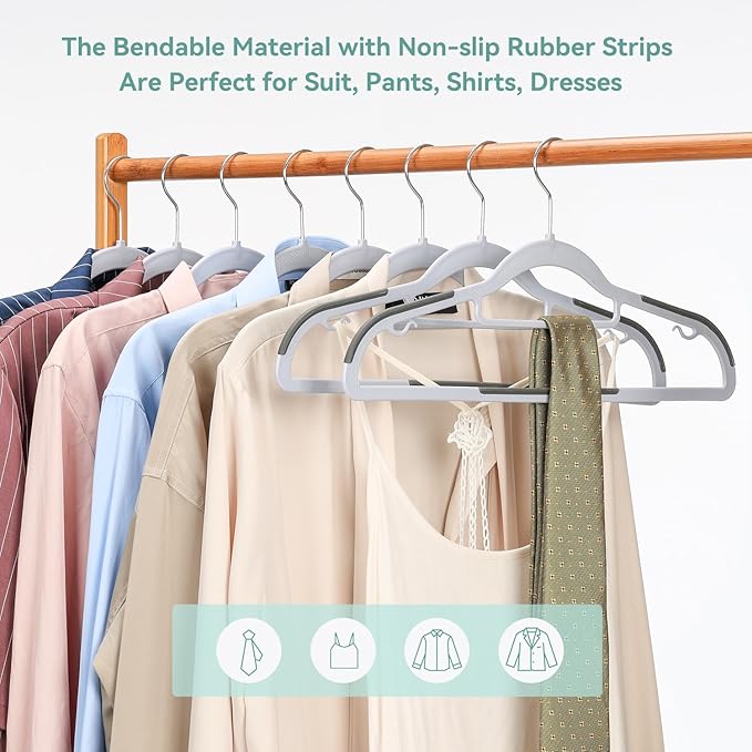 NCXTKJ 50-Pack Heavy Duty Coat Hangers, Non-Slip, 0.2'' Slim, 360° Swivel Hook, 16.5 Inches Wide, Space-Saving Plastic Clothes Hangers for Suit, Shirt & Pants, Light and Dark Gray