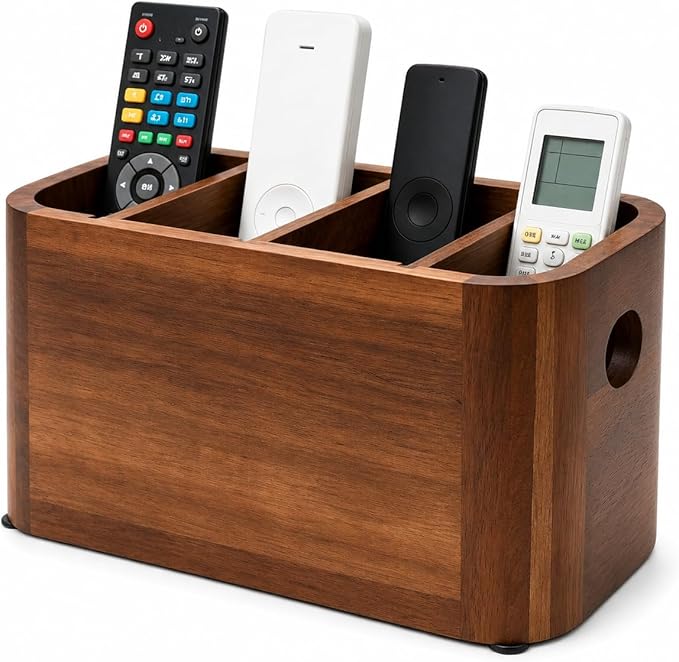 Acacia Wood Remote Control Holder, Walnut Color TV Remote Holder with 4 Adjustable Compartments, Wooden Remote Caddy Organizer for Table, Desk, Nightstand, Living Room, Office