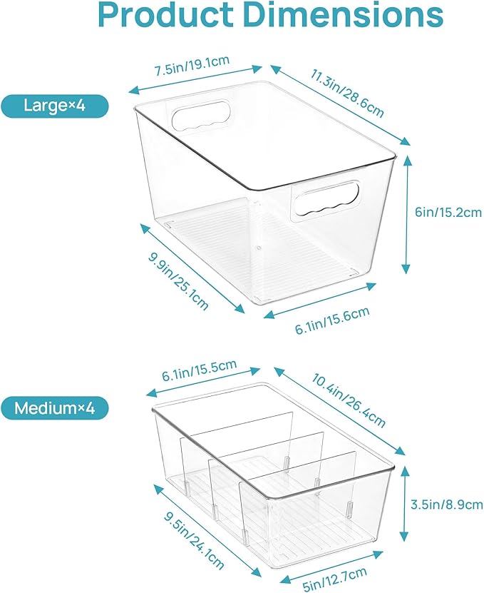 Vtopmart 4+4 Pack Clear Plastic Storage Bins Set, 4 Large Pantry Organizer Bins with Handle and 4 Medium 4-Compartment Food Storage Bins for Pantry, Kitchen, Fridge, Cabinet Organization