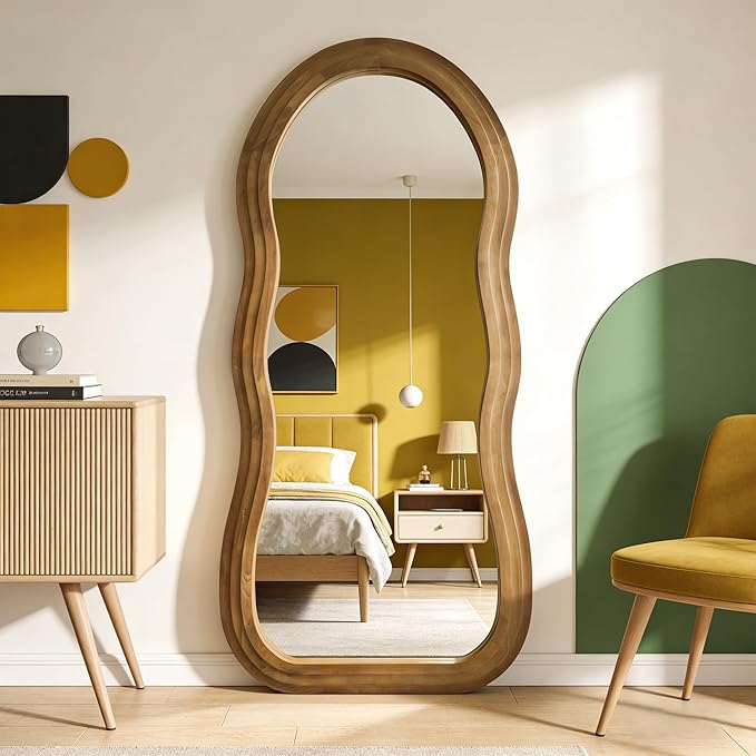 Wavy Full Length Mirror, 67"x31.5" Organic Floor Mirrors with Triple-Layer Solid Wood Frame, Large Irregular Aesthetic Mirror for Living Room Entryway Hallway Cloakroom, Leaning/Hanging
