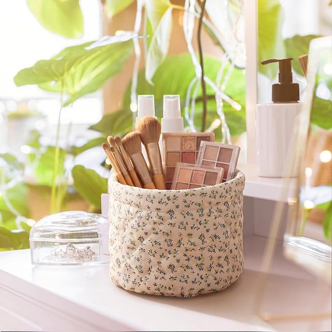 Quilted Makeup Basket for Women Girls, Cute Small Cosmetic Storage Basket Small Broken Flower Desktop Organizer Rustic Cotton Bedside Caddy for Toiletries, Little Items, Countertop & Dresser