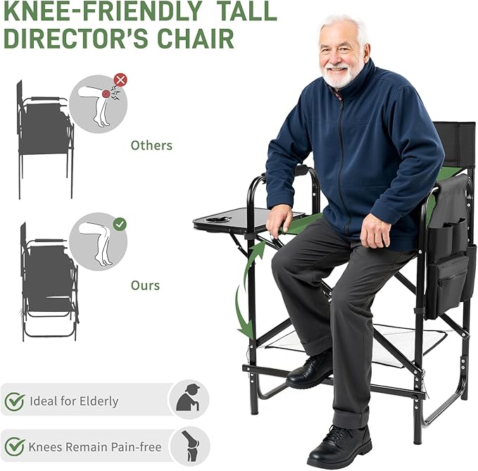 Outvita 26" Tall Directors Chair Height Seat Folding with Side Table Storage Bag, Support for 300Lbs Portable Makeup Artist Chair with Bar Height(Dark Green/Black)