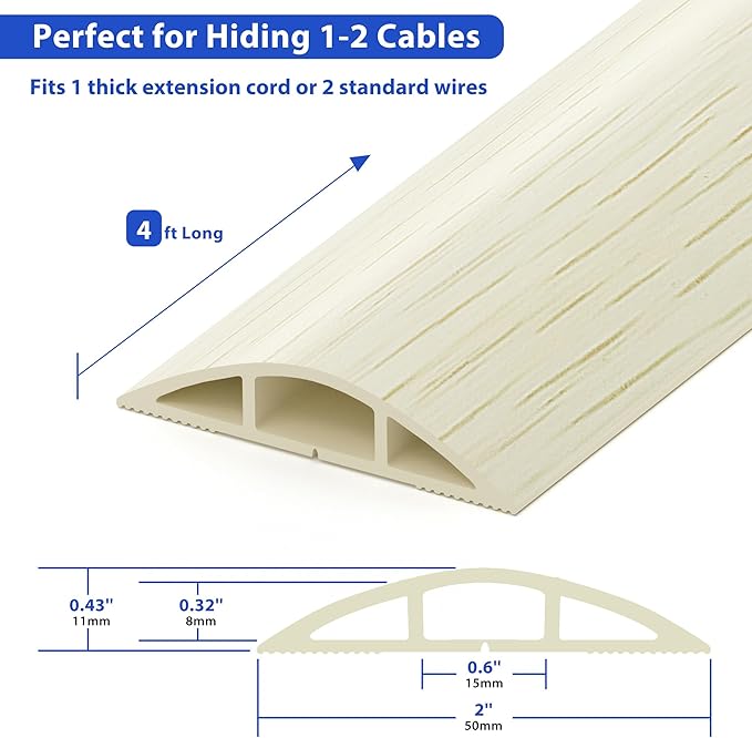 Floor Cord Cover 4ft, White Oak Wood Cord Hider Floor Hide Extension Cords, PVC Cable Management Cover, Cable Protector Wire Cavity W0.6in x H0.32in