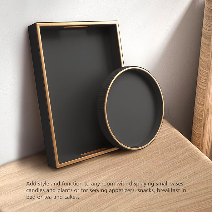 SANZIE Leather Tray Desktop Storage Organizer Premium Serving Tray Decorative Trays Valet Trays for Sundries Cosmetics Phone Wallet Cutlery (Black Holder with Disc)
