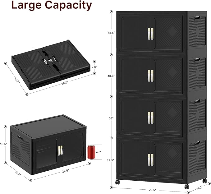 UAMFURI Stackable Storage Bins with Lids, Clear Doors, Large Storage Cabinet Foldable Collapsible Closet Organizers for Bedroom Dorm Office (4, Black, 160, Quarts)