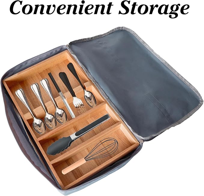Wooden Silverware Drawer Organizer with Waterproof Oxford Bag, Kitchen Flatware Organizer, Utensil Tray with Fixed Slots for Spoons, Forks, Knives, 16.5 x 9.84 x 1.89 inches