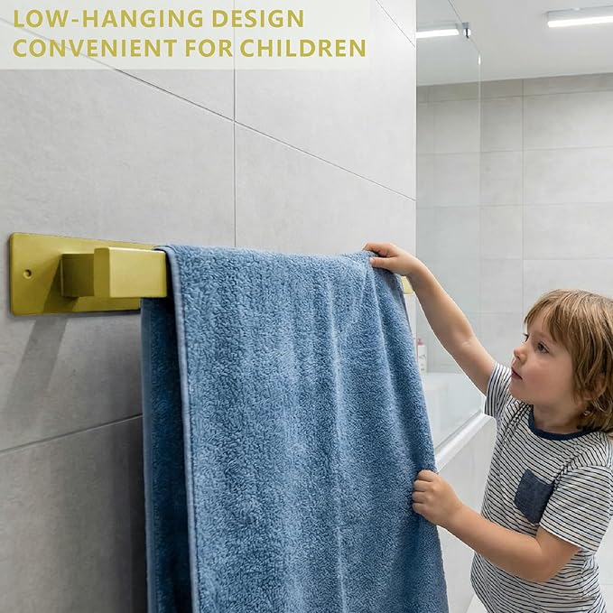 Bathroom Towel Bars,16-Inch Stainless Steel Towel Bar for Large Towel,Strong Self-Adhesive/Screws Wall Mounting,Rust-Proof,Towel Holder for Bathroom and Kitchen Storage (Gold)