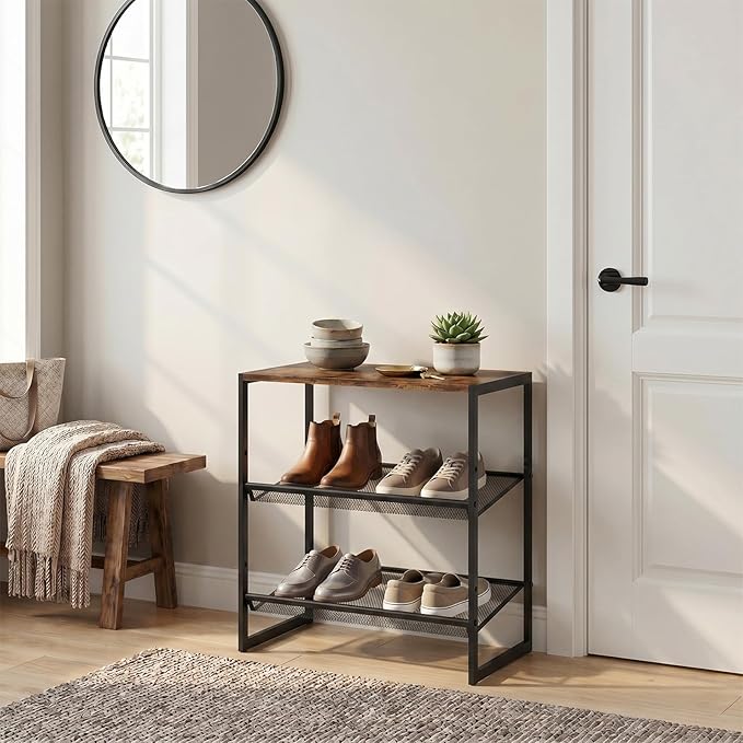 Shoe Rack，3 Tier Shoe Storage Organizer，Sturdy Shoe Shelf,Boot Rack with a Fine Mesh Shelves，for Entryway, Living Room, Hallway，Small Space,11.8 x 16.5 x 19.7 Inches,Brown
