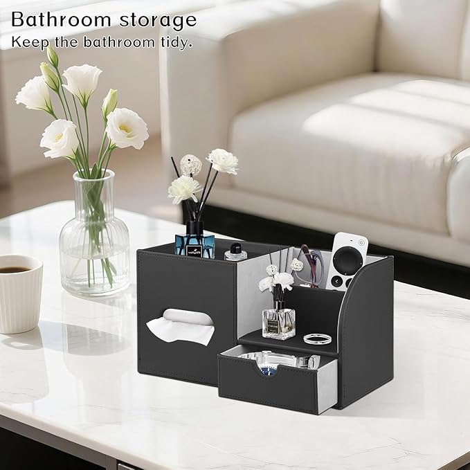 PU Leather Square Tissue Box Cover with Tray and Organizer, Multi-Function Remote Control Tissue Holder for Vanity, Nightstand, Bathroom, Home and Office