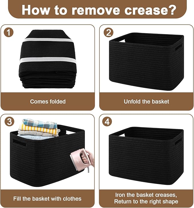 OIASKET Storage Baskets for Organizing, Woven Decorative Baskets for Shelves - Books, Towels, and Clothes, Cotton Rope Toy Storage Bins, 12.7''Lx9''Wx7.8''H, Pack of 4, Black