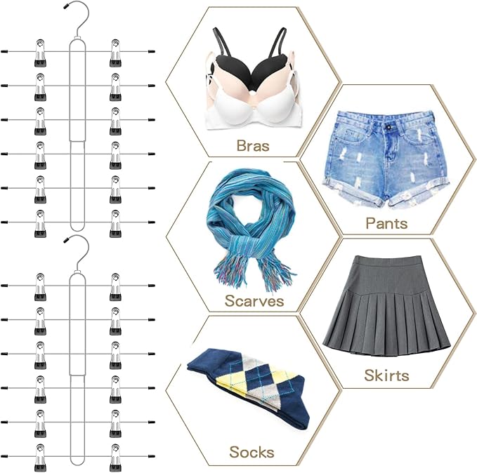6 Tier Skirt Hangers Space Saving,2 Pack Pants Skirts Hangers with Clips for Women Closet,Non Slip Closet Organizer and Storage Multi Clothes Shorts Hanger Organization Dorm Room Essentials