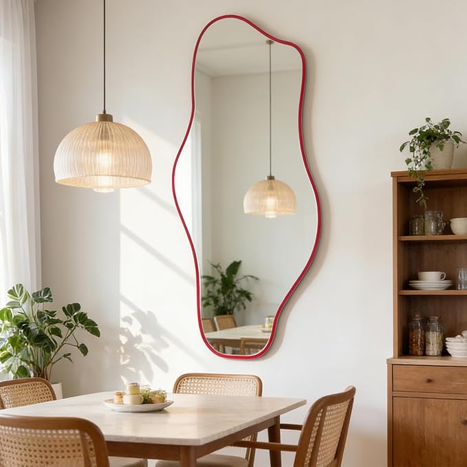 Large Irregular Mirror, 54.5"x24" Asymmetrical Tempered Glass Mirror, Red Modern Organic Shape Frameless Mirrors for Living Room Bedroom Hallway Entryway, Horizontal or Vertical Hanging