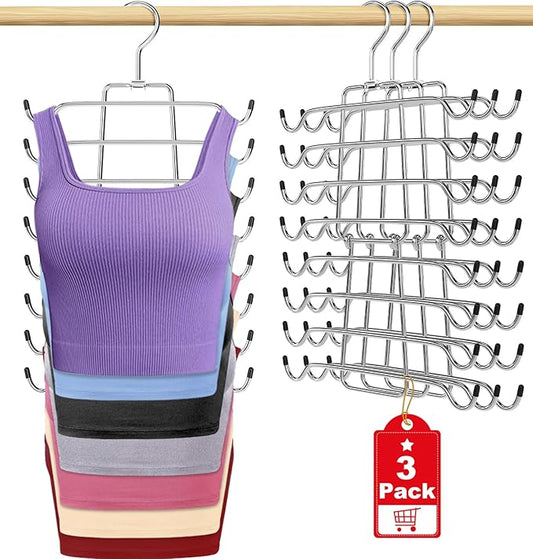 3Pcs Tank Top Hangers Space Saving Hanger Organizer Bra Hangers for Closet Organizer 360° Rotating Metal Closet Organizers and Storage Lingerie Hangers for Cami Bras Belts Swimsuits Lingeries Silver