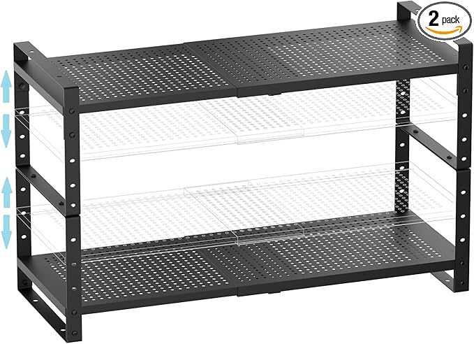 Expandable Shoe Rack Stackable Metal Pantry Storage Shelves Stand Adjustable Height Cabinet Shelf Organizer Racks Spice Shelving(2PACKS/BLACK,MEDIUM)