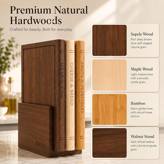Book Shaped Cutting Board Set with Walnut Stand, 3 PCS Wooden Cutting Boards (13"x10"), Maple Sapele & Bamboo Charcuterie Serving Boards, Decorative Kitchen Decor Gift for Housewarming (1Set)