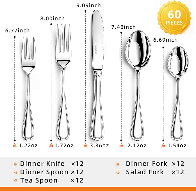 NICE KITCHEN Silverware Set for 12,60 Piece Heavy Duty Stainless Steel Flatware Set - Mirror Polished Cutlery Set,Dishwasher Safe Utensil Set with Knives Forks Spoons,Luster Series