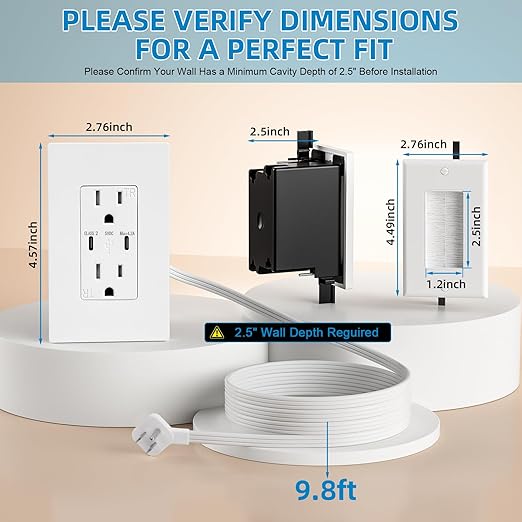 in Wall Cable Management Kit, 2 AC & 2 USB-C Ports Recessed Outlet Relocation kit,in Wall Power Kit with 9.8ft Extender for Unreachable Outlets,Hide TV Cords & Cables