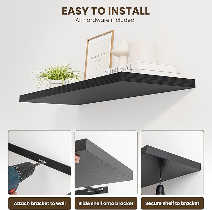 Dreamland 30" Floating Shelves for Wall, 12" Deep Slim Black Floating Shelves, Wall-Mounted Shelves for Bedroom, Living Room, Kitchen, Bathroom - Set of 2
