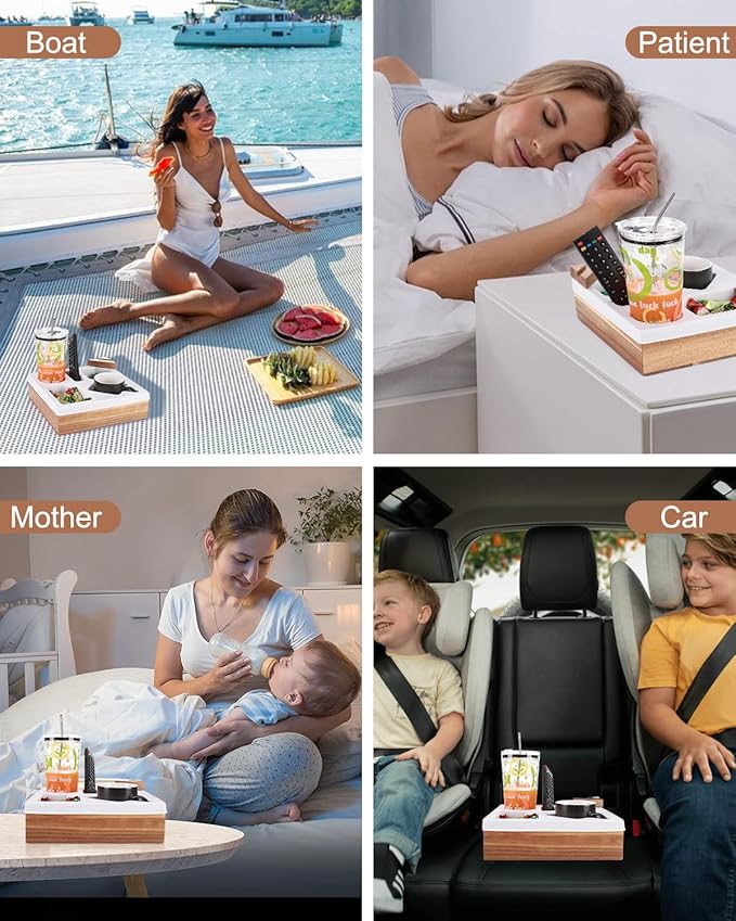 Couch Cup Holder Tray, Silicone Acacia Wooden Couch Caddy with Cup Holder for Snacks, Drinks, Remotes, Waterproof Cup Holder for Couch, Organizer, Couch Drink Holder, Pillow