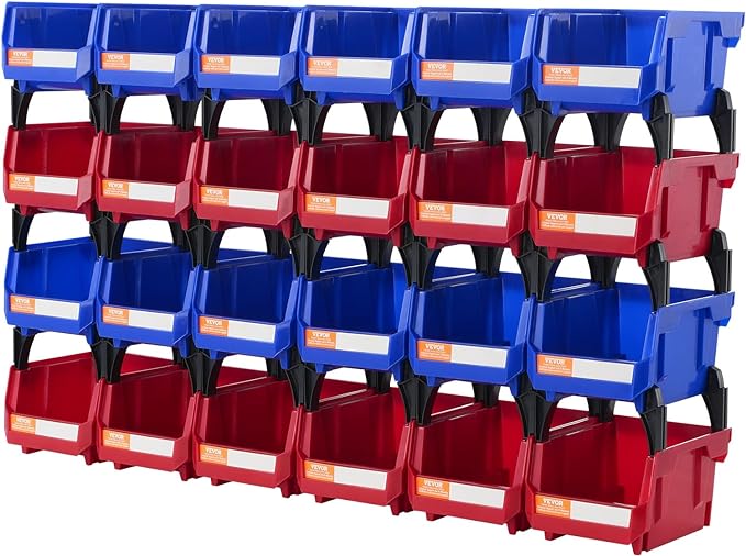 VEVOR Plastic Storage Bins 24 Pack (5 x 4 x 3-Inch), Hanging Stackable Storage Organizer Bins, Heavy Duty Stacking Containers for Closet, Garage, Office, or Small Parts Organization