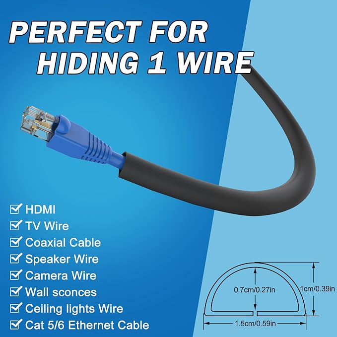 UOMTFAI Wall Cord Hider 196 Inch - Self-Adhesive Wire Cover Raceway for Walls, Flexible PVC Cable Concealer for Home and Office, W0.59 H0.39in - Black