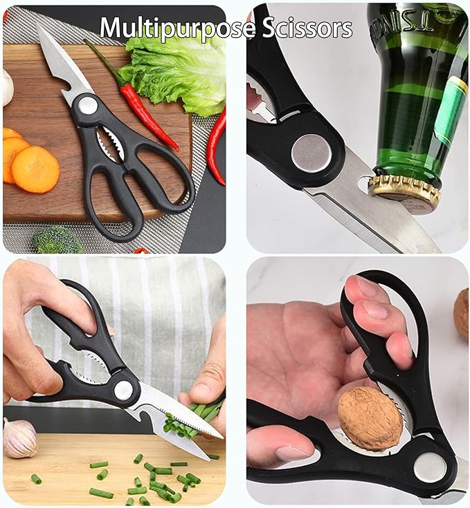 Magicorange 7-Piece Kitchen Knife Set - 5 Black Stainless Steel Knives with Sheaths, Cutting Board, and a Knife Block- Stainless Steel Kitchen Knives with PP Ergonomic Handle (Matte Black)