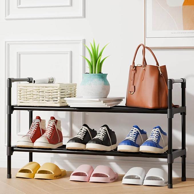 Kitsure Shoe Rack for Closet - Expandable Shoe Rack for Entrance, Rustproof Shoe Organizer for Entryway with Portable Handles, Black, 17.3″~30.2″L x 16.3″H