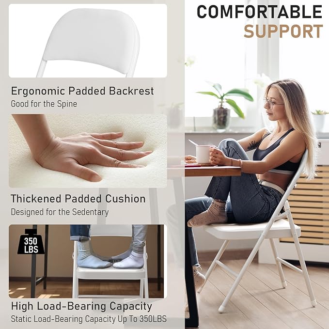 12 Pack White Folding Chairs with Padded Cushion and Back for Outside Portable Stackable Commercial Foldable Chairs with Steel Frame for Events Office Wedding Party, 350lbs Capacity