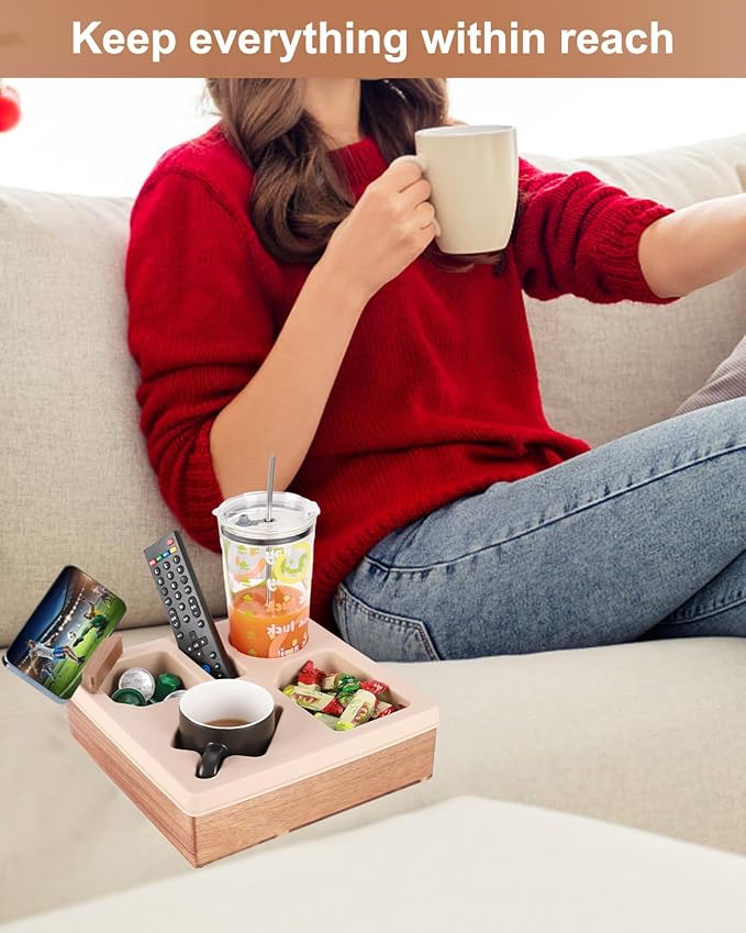 Couch Cup Holder Tray, Silicone Wooden Couch Caddy with Cup Holder for Snacks, Drinks, Remotes, Waterproof Cup Holder for Couch, Organizer, Couch Drink Holder