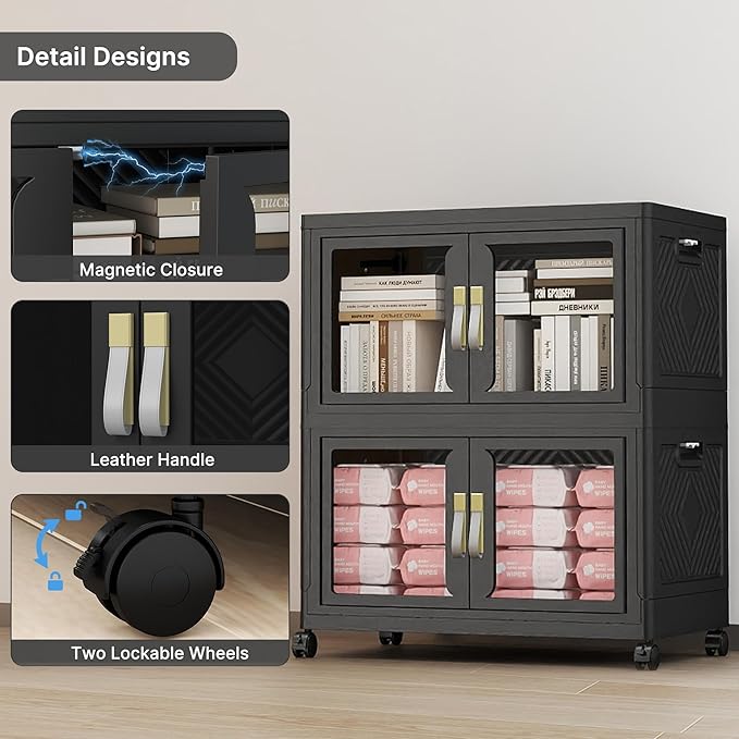 UAMFURI Stackable Storage Bins with Lids, Clear Doors, Large Storage Cabinet Foldable Collapsible Closet Organizers for Bedroom Dorm Office (2, Black, 120, Quarts)