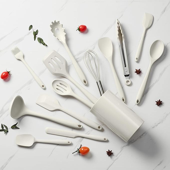 LIANYU 14 Pcs Kitchen Utensils Set with Holder, Silicone Cooking Utensils Spatula Set, Heat Resistant Cookware Tools Includes Spoon Turner Whisk Tong, Dishwasher safe, Cream White