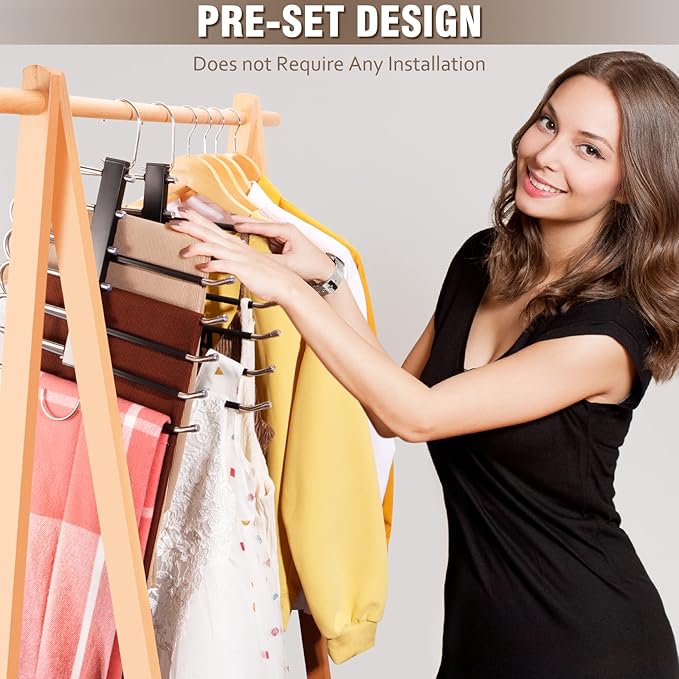 HUITEM Space Saving 6 Tier Pant Hangers, Anti-Slip, Stainless Steel, 2 Pack, Black