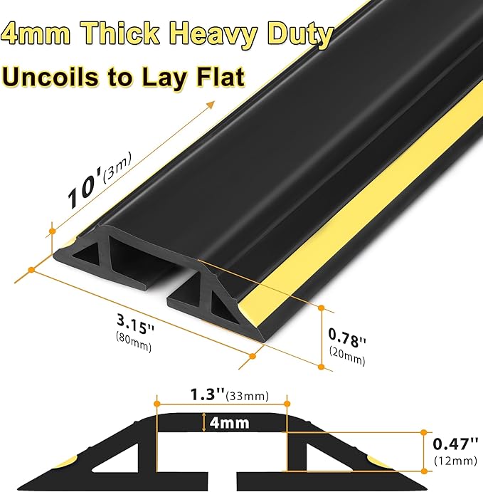 ZhiYo 10ft Cord Cover Floor Heavy Duty, Extension Cord Hider, PVC Wire Covers for Cords, Cable Protector Prevent Trips, Cable Cover Wire Hider for Home Office Indoor Outdoor, Black 3.2" (W) x 0.8" (H)