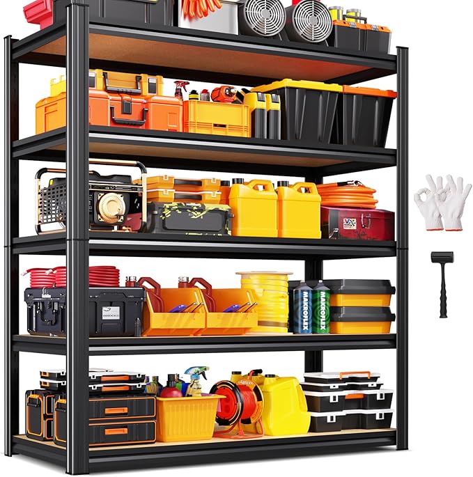 Storage Shelves,Adjustable Shelving Unit,5T Wood Garage Shelving ,Heavy Duty Garage Storage Shelves, Quick-Install Metal Shelving Unit Utility Rack Shelf for Warehouse, Pantry78'’H*45.6''W*19.7''D