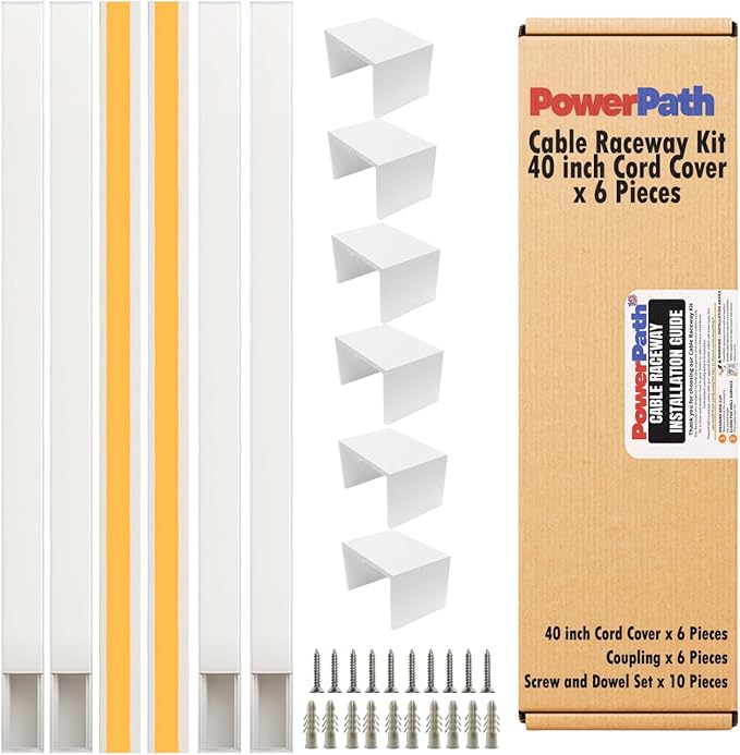 Cable Management Kit | 6 Pcs x 1 Meter (3.3ft) Paintable Cord Cover with 6 x Connectors | Screws | Home Office Essentials | Wall Mounted Cable Concealer for TV | Computer, Speaker & Office Wires