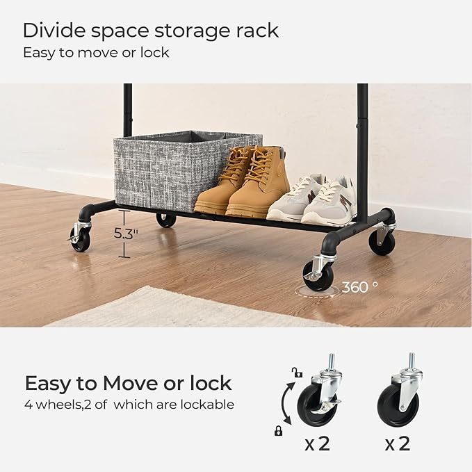 FOUCSSOMEI Clothing Rack with Wheels, Heavy Duty Clothes Rack, Rolling Garment Rack, Metal Clothing Hanger Rack, Closet Organizer, for Bedroom Living Room, Yard Sales, Commercial Grade, Black