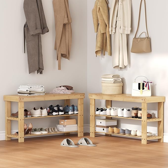NEWBULIG Shoe Rack Bench, 3-Tier Bamboo Shoe Organizer, Wooden Entryway Storage Bench, 286 lb Load Capacity, 11.2x35.5x17.9 Inches, for Entryway Bathroom Bedroom Balcony, Wood