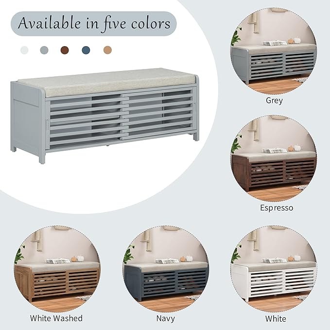 LUMISOL Shoe Bench with Storage and Cushion, Farmhouse Distressed Shutter Storage Bench with Retro Charm for Living Room, Entryway, Grey