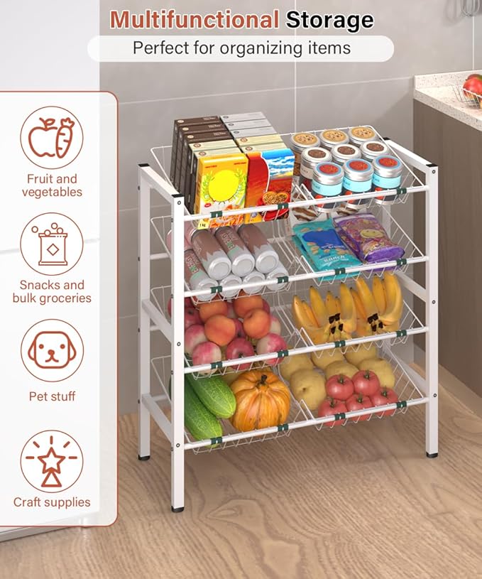 4-Tier Kitchen Storage Rack, Metal Pantry Storage Stand, Fruit Basket Stand with 8 Fruit Vegetable Baskets, Freestanding Snack Organizer Shelf Unit for Living Room, Office, Apartment, White