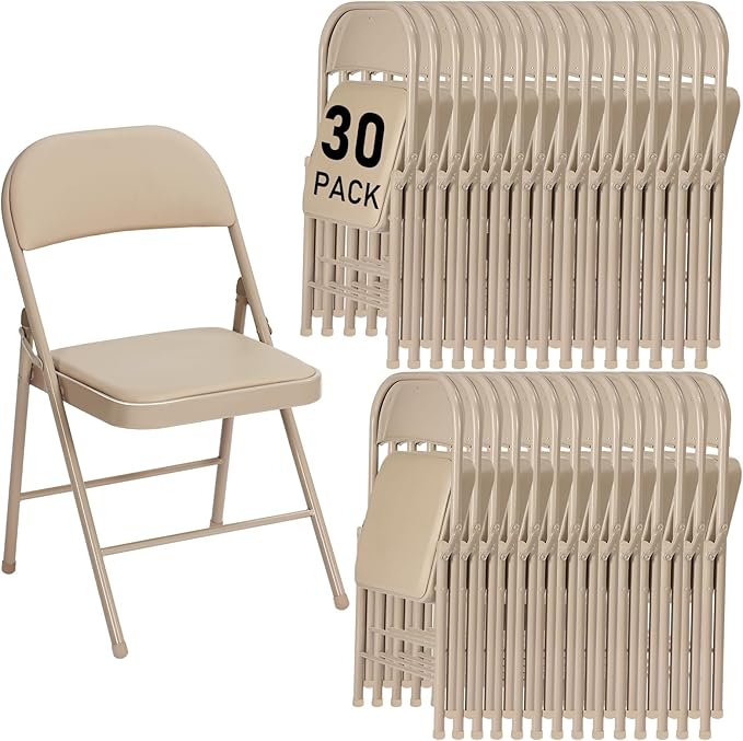 30 Pack Khaki Folding Chairs with Padded Cushion and Back for Outside Portable Stackable Commercial Foldable Chairs with Steel Frame for Events Office Wedding Party, 350lbs Capacity