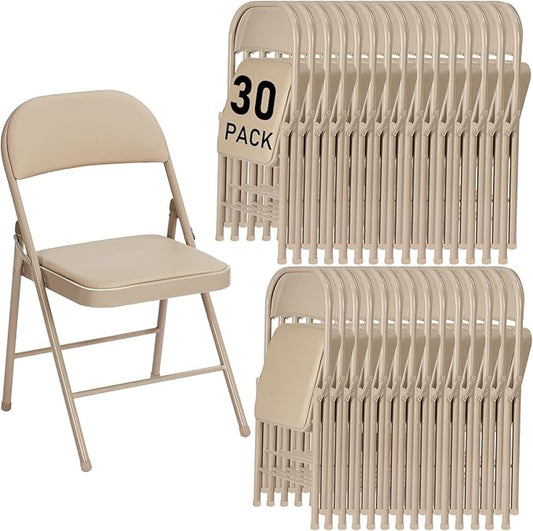 30 Pack Khaki Folding Chairs with Padded Cushion and Back for Outside Portable Stackable Commercial Foldable Chairs with Steel Frame for Events Office Wedding Party, 350lbs Capacity