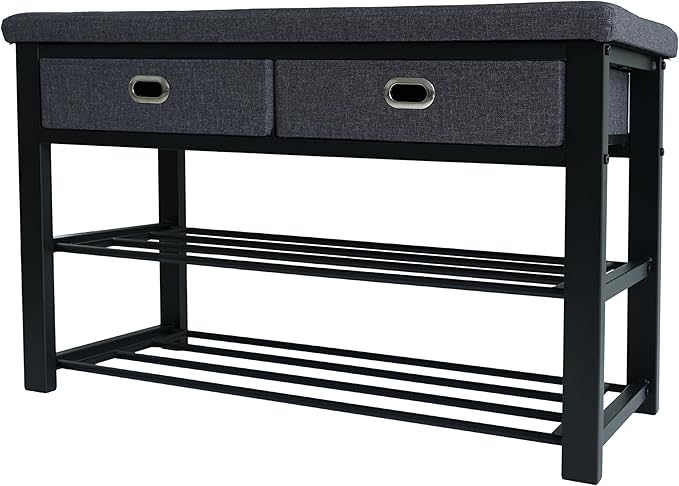 Finnhomy Entryway Shoe Rack with Cushioned Seat, Shoe Bench for Entry, 3-Tier Shoe Storage Organizer with 2 Drawers, Gray