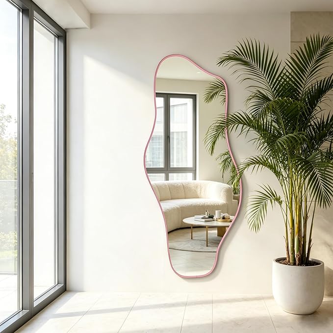 Large Irregular Mirror, 63"x30" Asymmetrical Tempered Glass Mirror Full Length, Pink Organic Frameless Wall Mirrors for Living Room Bedroom Hallway Entryway, Horizontal or Vertical Hanging