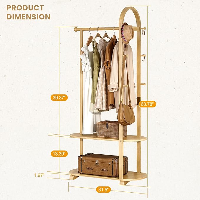 31.5" Wide 3-in-1 Freestanding Clothing Rack.Wooden Coat Rack with 2 Shelves and 6 Hooks,Solid Rubber Wood Coat Rack with Shelves for Entryway, Bedroom, Living Room, Natural